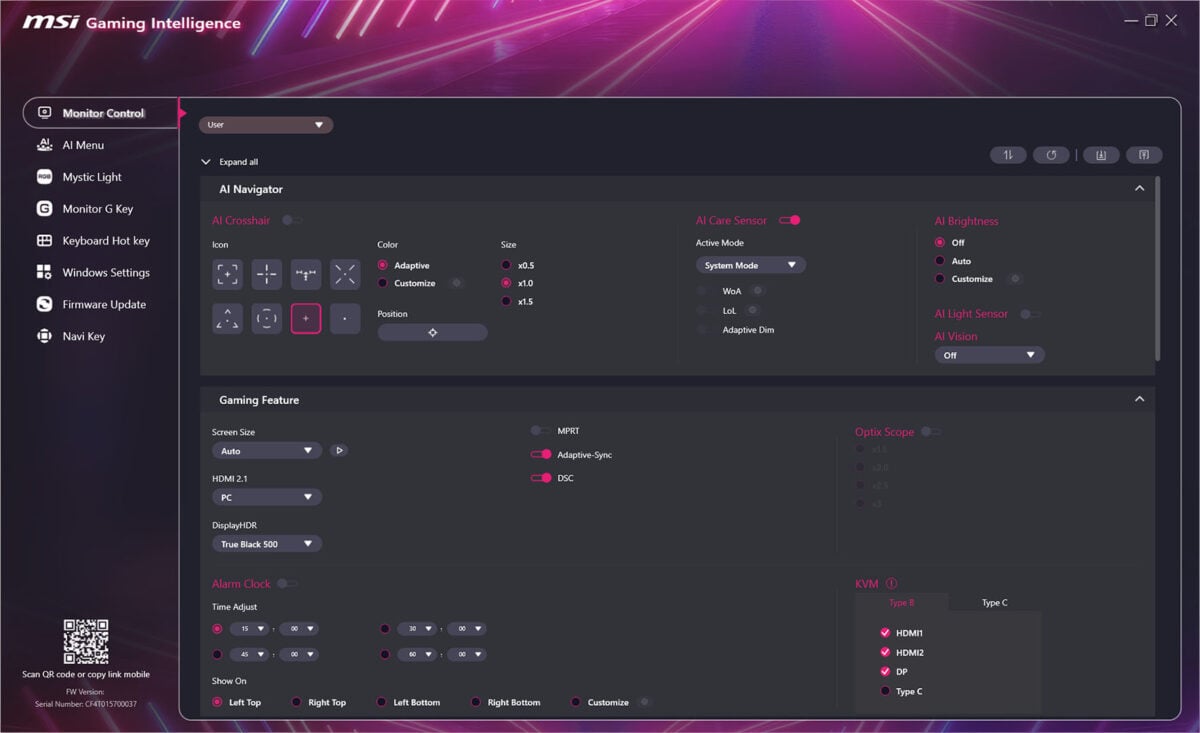 A screenshot of MSI Gaming Intelligence, running in tandem with MPG 271QR QD-OLED X50.