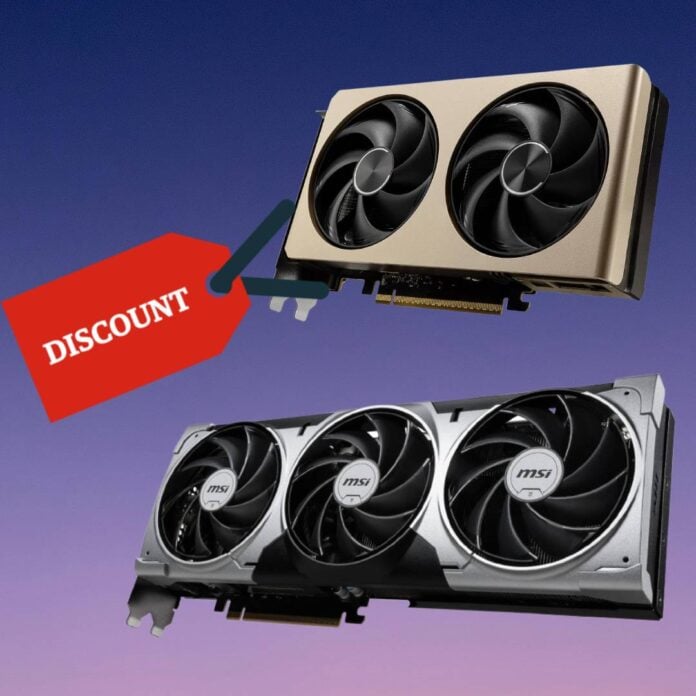 Two graphics cards on blue background with a Discount tag