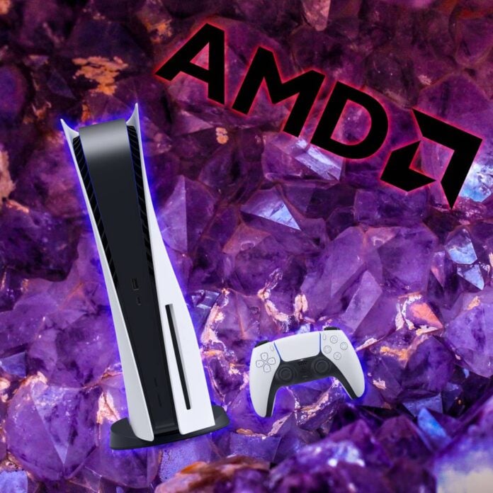 Sony PS5 and AMD logo on background of amethysts