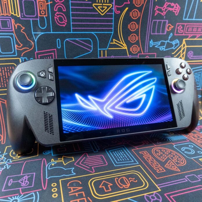 Side-on view of ROG Xbox Ally X standing upright against a neon-style backdrop.