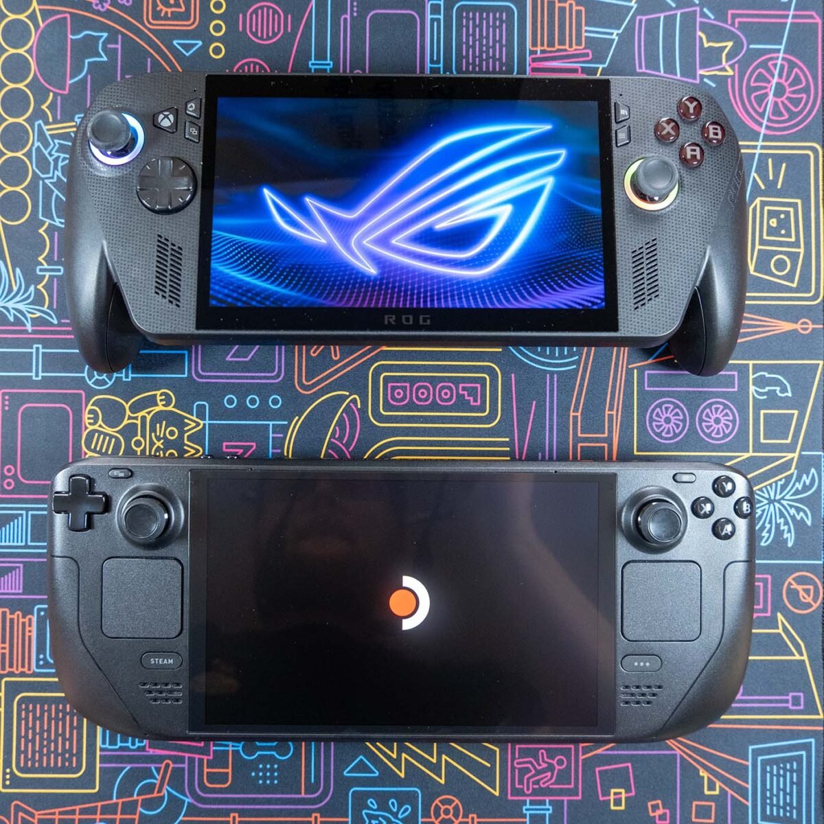 ROG Xbox Ally X (top) and Steam Deck OLED (bottom) against a neon-style backdrop.
