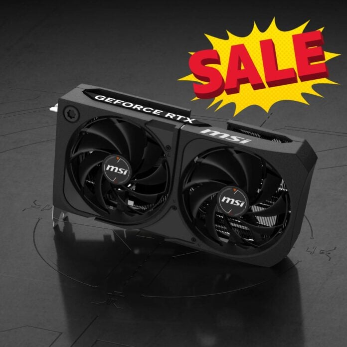 MSI GeForce RTX 5070 Shadow 2X OC graphics card, standing upright, with a yellow-and-red 'SALE' sign above it.