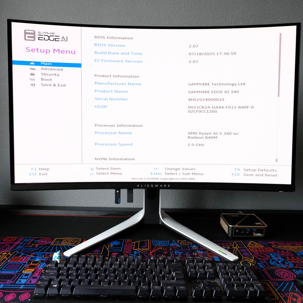 Firmware for Sapphire Edge AI 340, displayed on an Alienware monitor.