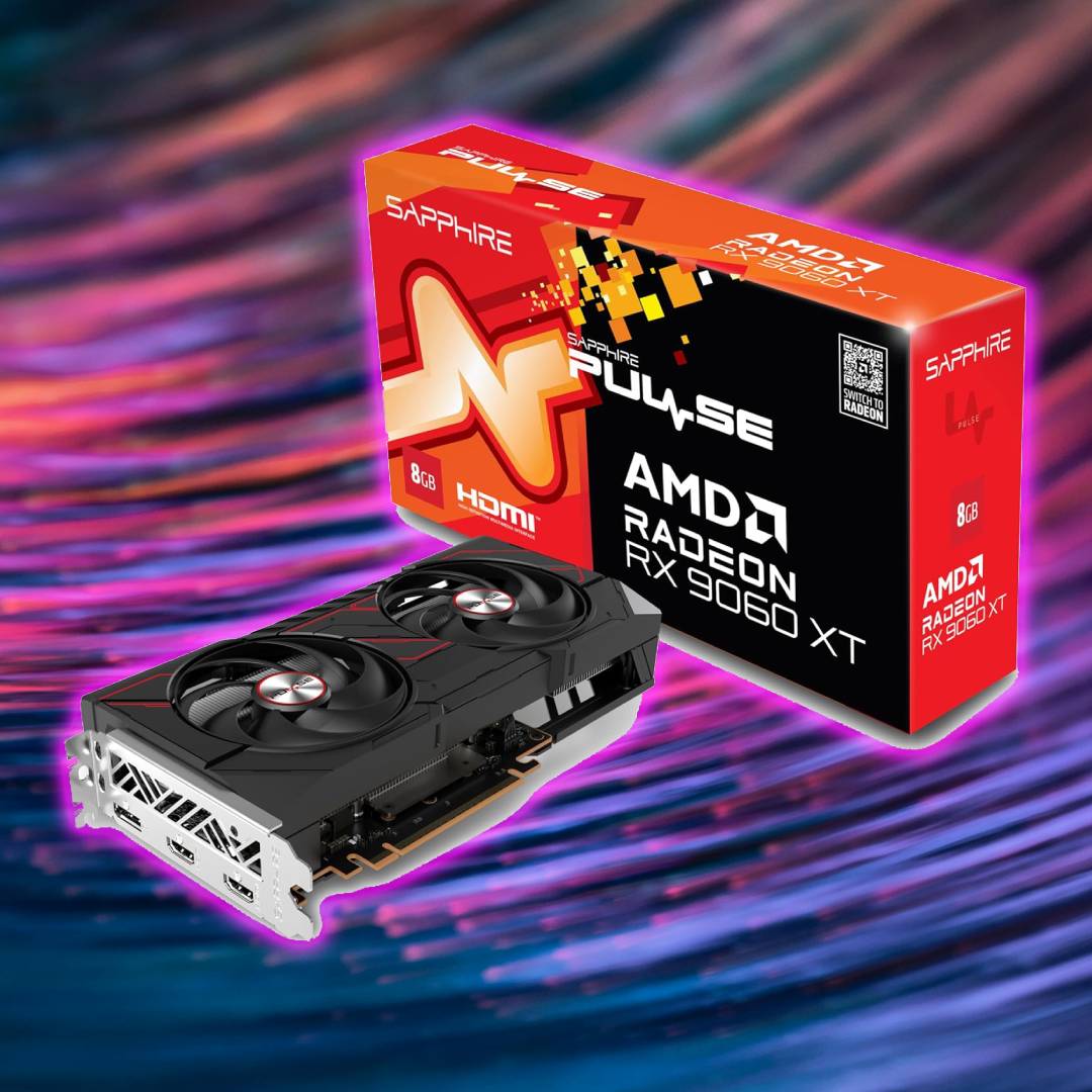 Sapphire Pulse RX 9060 XT 8GB on coloured background