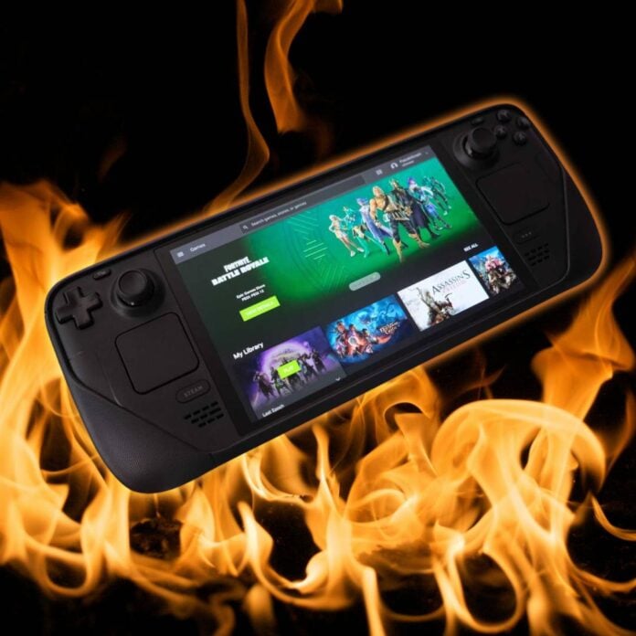 A Steam Deck against a backdrop of fire