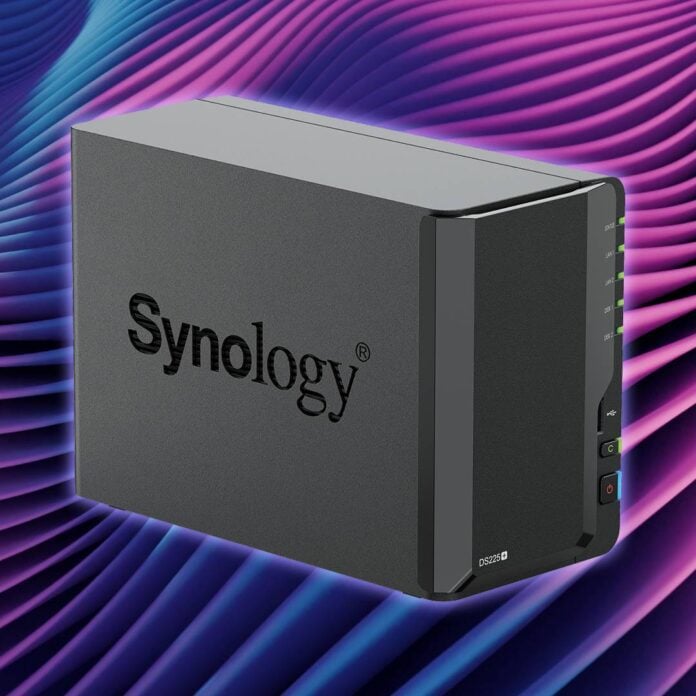 Synology DiskStation DS225+ NAS on a blue and pink background
