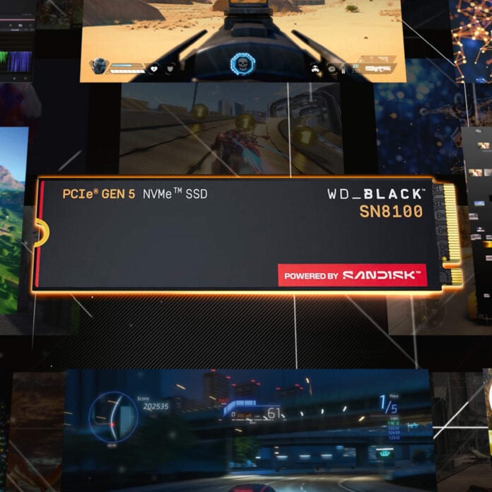 WD_Black SN8100 1TB Deal A WD_Black SN8100 SSD, floating against a backdrop of game screenshots.