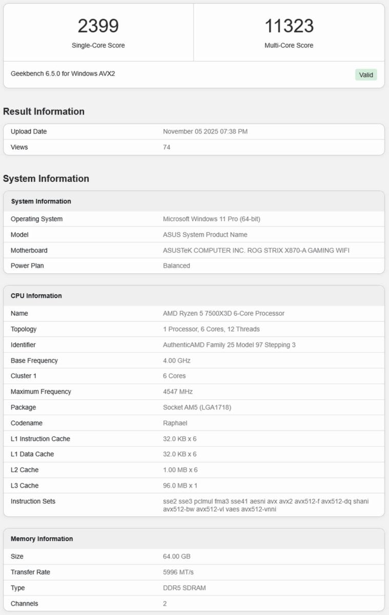 AMD Ryzen 5 7500X3D in Geekbench 6.
