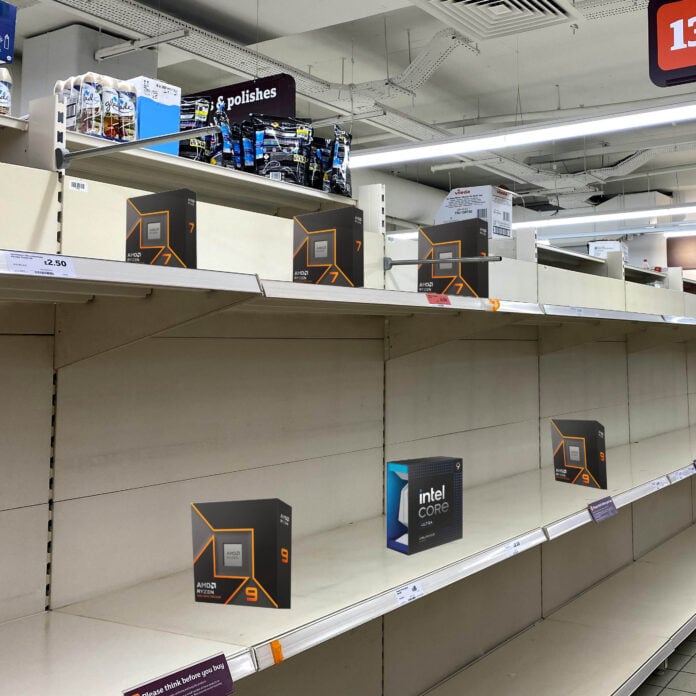 AMD and Intel CPUs in a store shelf.