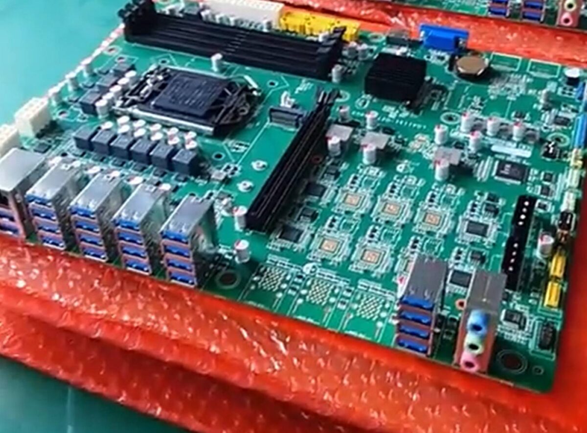 Custom motherboard with 36 USB Type-A ports.