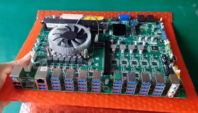 Custom motherboard with 36 USB ports.
