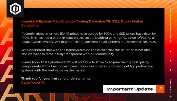 CyberPowerPC announces upcoming system price increases due to 500% RAM ...