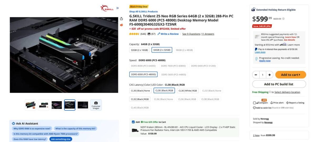 G.SKILL Trident Z5 Neo RGB Series 64GB price at Newegg.