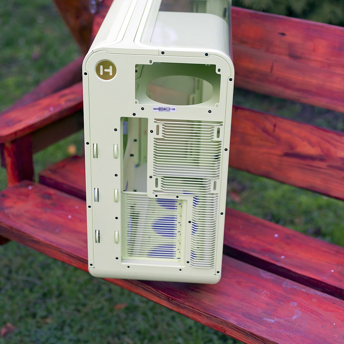 Hyte X50 rear view, slots visible, PSU chamber