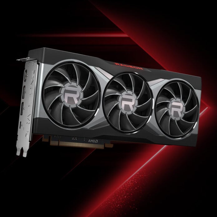 A reference design AMD Radeon RX 6000 Series graphics card, with a triple-fan cooler, floating against a red-black chevron.