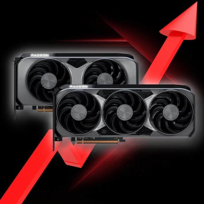 AMD Radeon RX 9070 (back left) and Radeon RX 9070 XT (front right) graphics cards, surrounded by a white glow, against a backdrop featuring a red arrow pointing upwards.