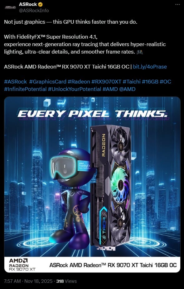 An X post from ASRock, highlighting the unannounced 'FidelityFX Super Resolution 4.1'.
