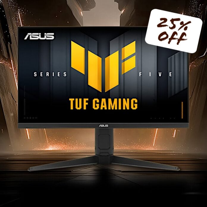 Asus TUF Gaming VG259QL5A gaming monitor, with a '25% Off' sticker superimposed on its top right corner.