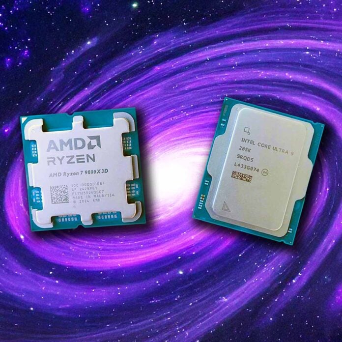 Best CPU in 2025: AMD Ryzen 7 9800X3D and Intel Core Ultra 9 285K in space.