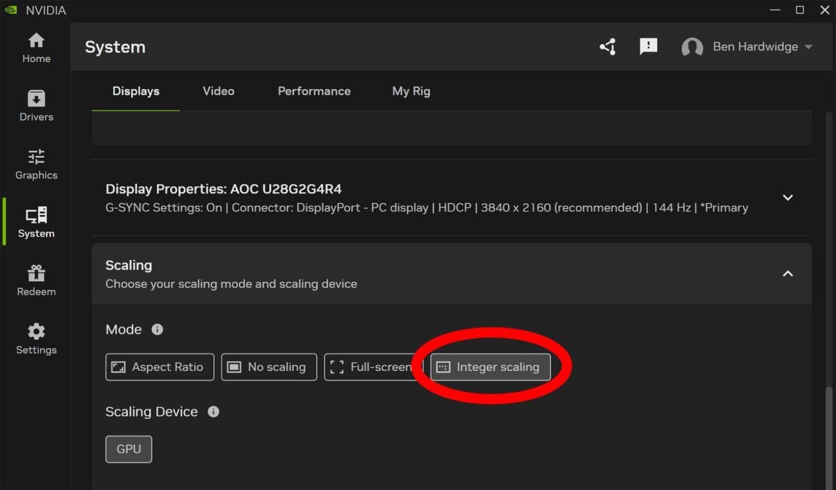Dual-mode monitors: Enable integer scaling in the Nvidia App.