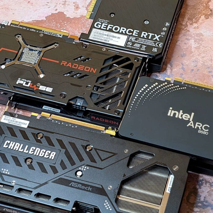 A Radeon (left), GeForce (top), and two Arc (right and bottom) GPUs lie flat on a bronze surface.