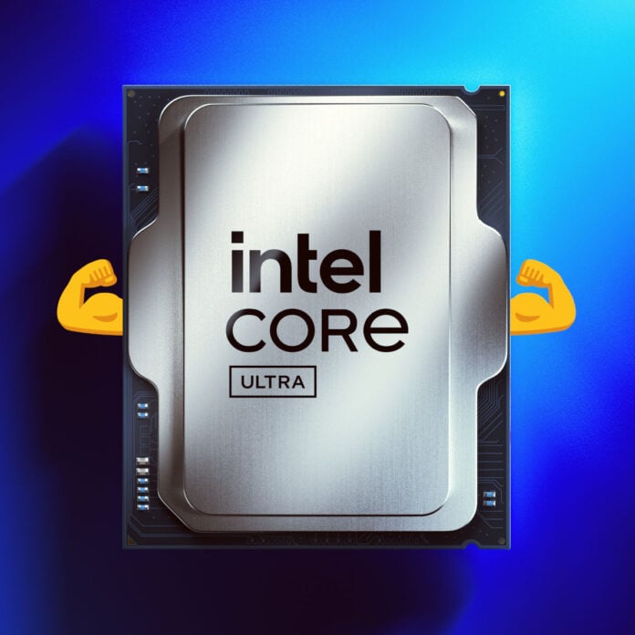 Intel Core Ultra CPU with two small muscular arms poking out from either side of it.