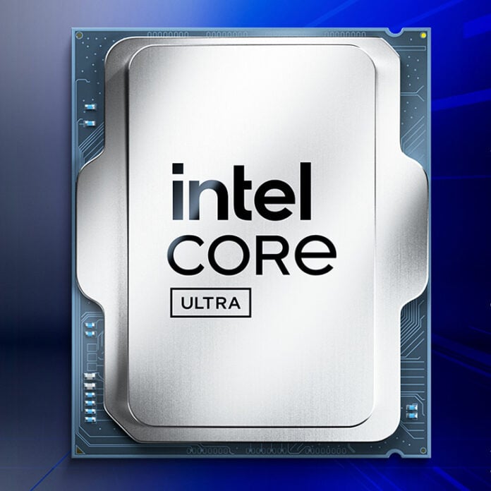 An Intel Core Ultra processor, against a blue backdrop.