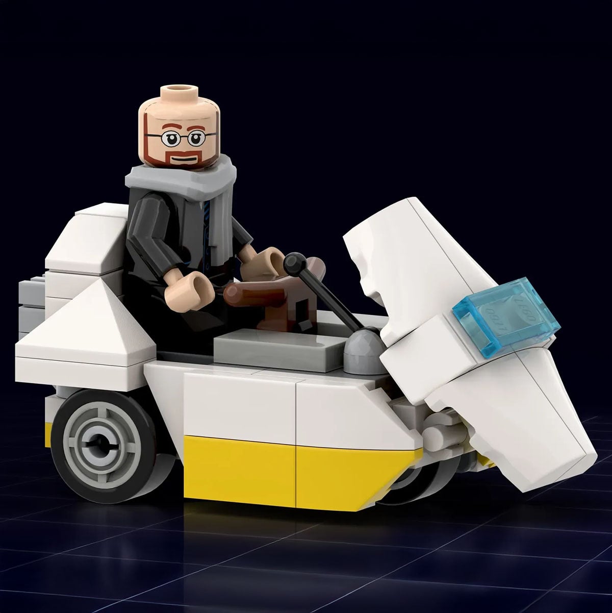 Lego ZX Spectrum Clive Sinclair on a C5