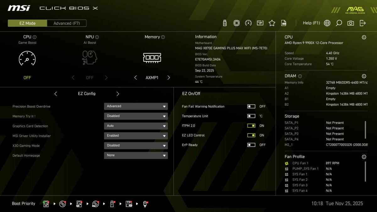 A screenshot of firmware running on MSI MAG X870E Gaming Plus Max WiFi.