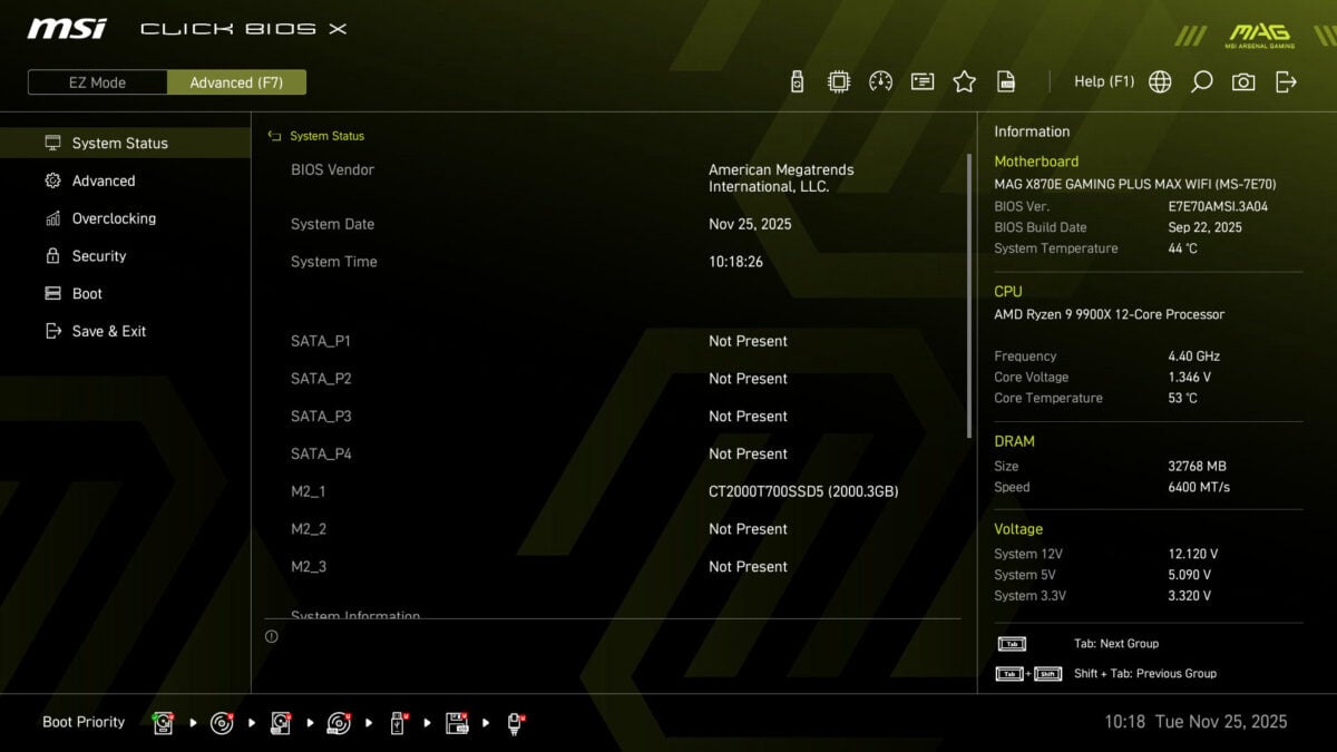 A screenshot of firmware running on MSI MAG X870E Gaming Plus Max WiFi.