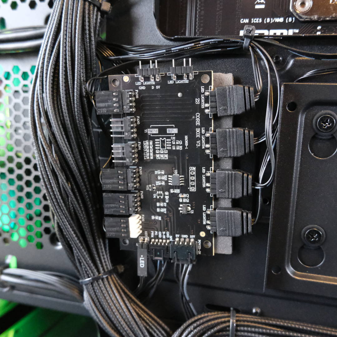 A close-up of the RGB and fan hub inside the PCSpecialist Vortex BF 25.