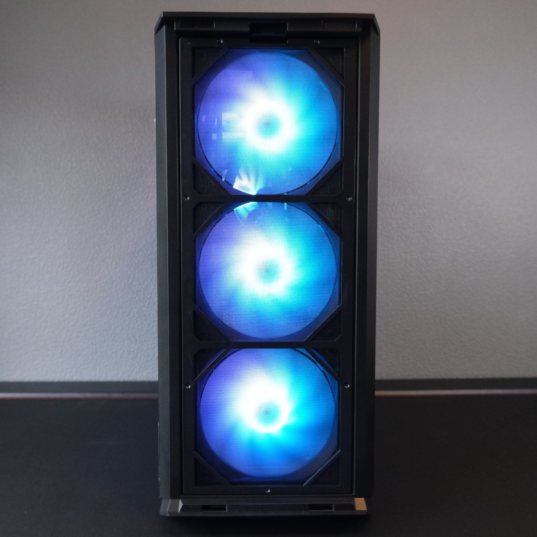 The three intake fans at the front of PCSpecialist Vortex BF 25 shine blue as they spin.