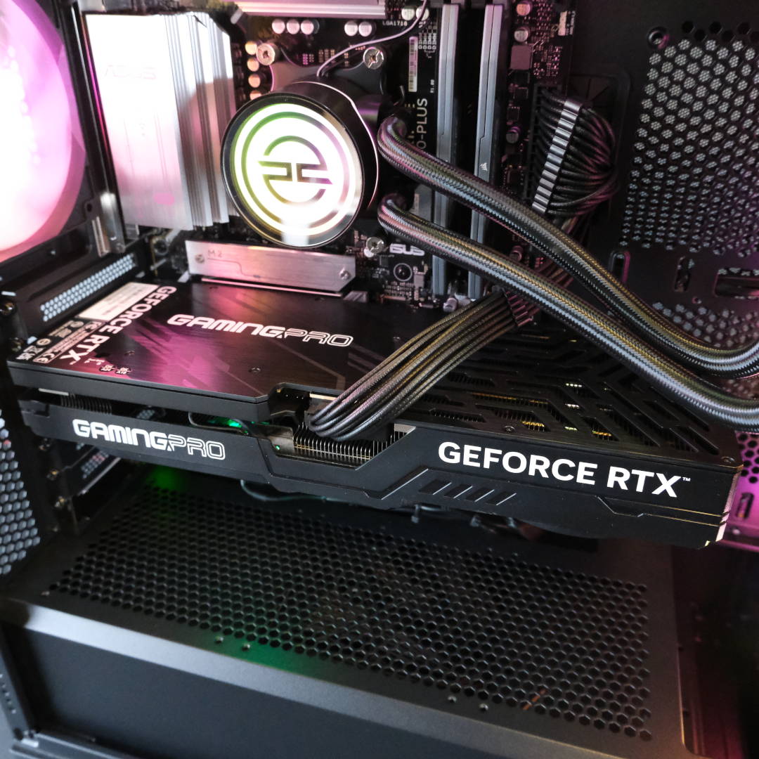 A top-down view of the GeForce RTX 5070 Ti inside the PCSpecialist Vortex BF 25.