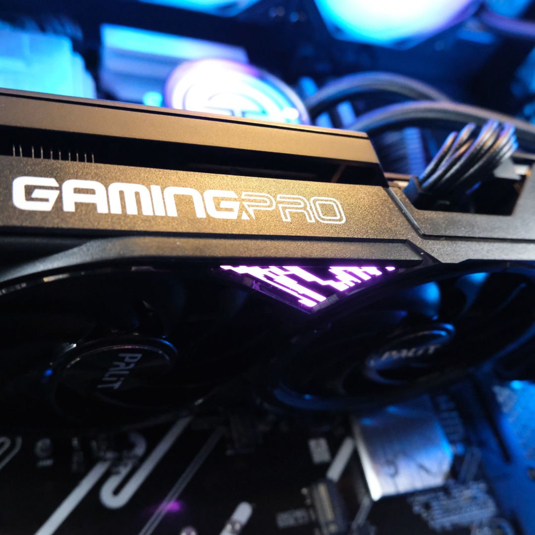 An underside view of the GeForce RTX 5070 Ti inside the PCSpecialist Vortex BF 25.