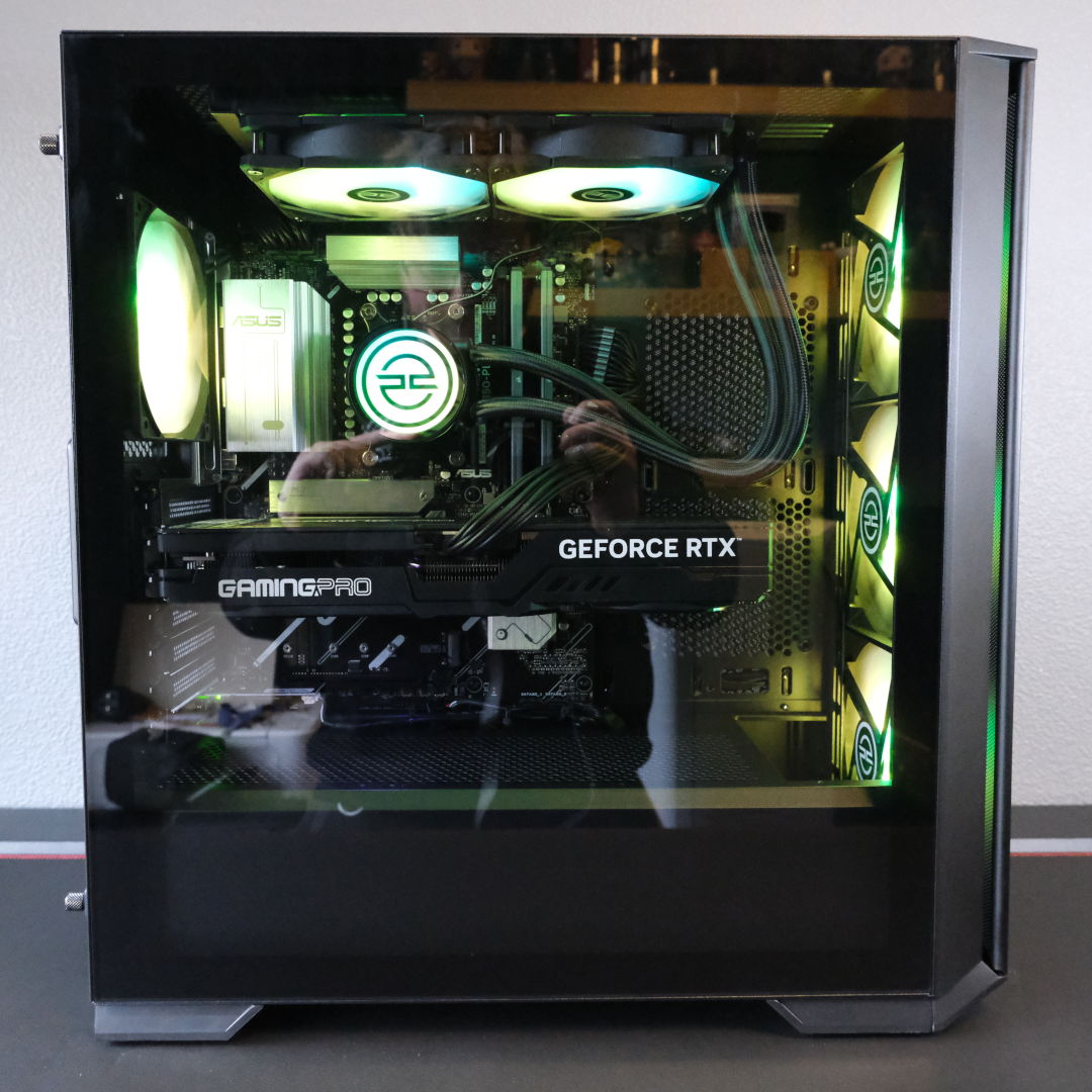 A wide shot of the PCSpecialist Vortex BF 25 with its tempered glass side panel.
