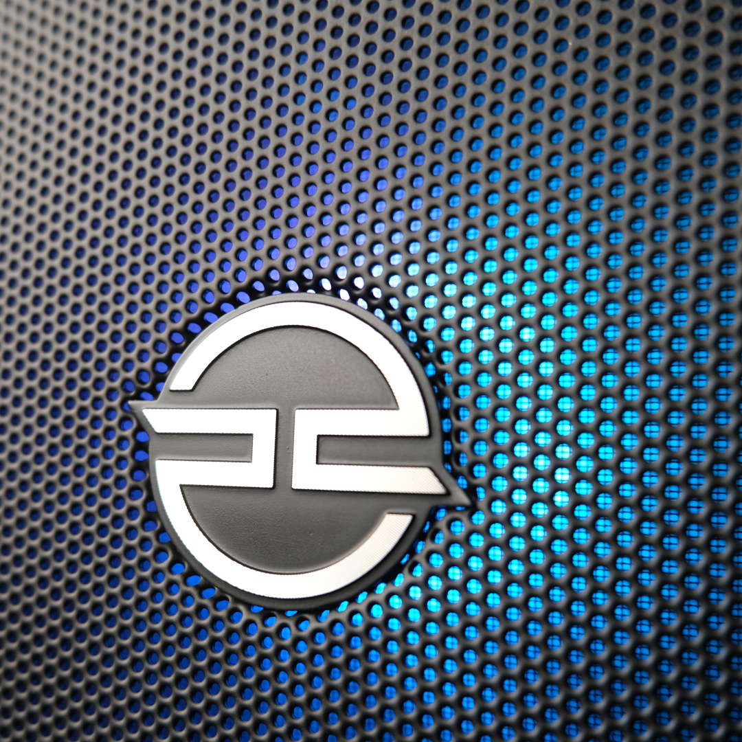A close-up of the PCSpecialist logo on the front panel of the Vortex BF 25.