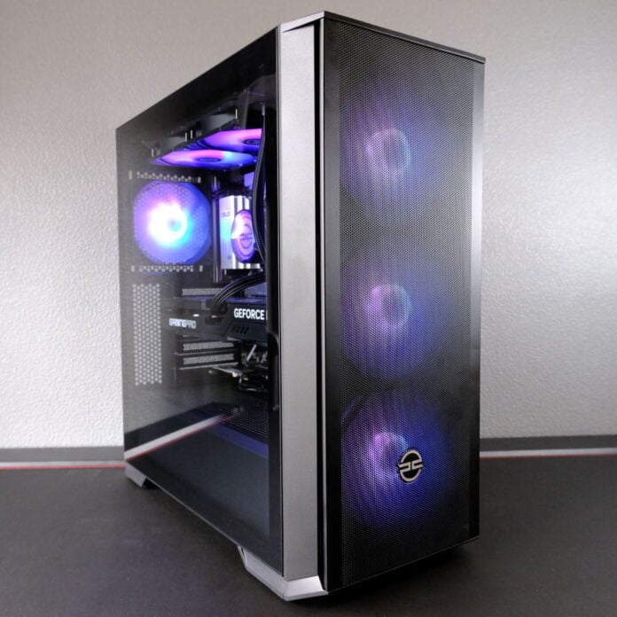 PCSpecialist Vortex BF 25 stands side-on atop a black surface with purple RGB LEDs flowing out from its fans.