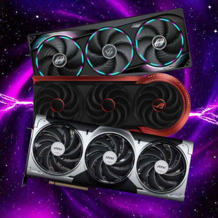 Three RTX 5090 graphics cards, stacked on top of one another, against a purple backdrop with lightning.
