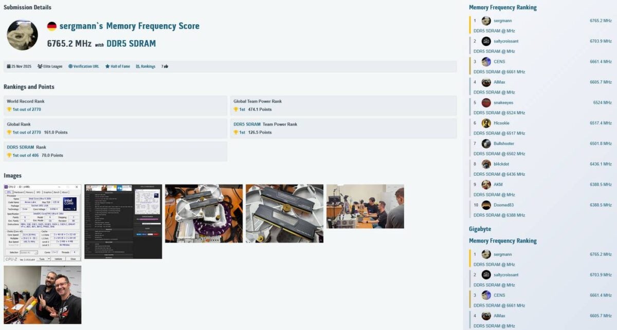 sergmann DDR5 world record using Gigabyte motherboard and Corsair memory.