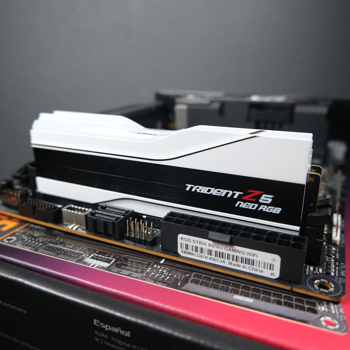 G.Skill Trident Z5 Neo RGB DRAM plugged into an Asus ROG Strix B850-I Gaming WiFi motherboard.