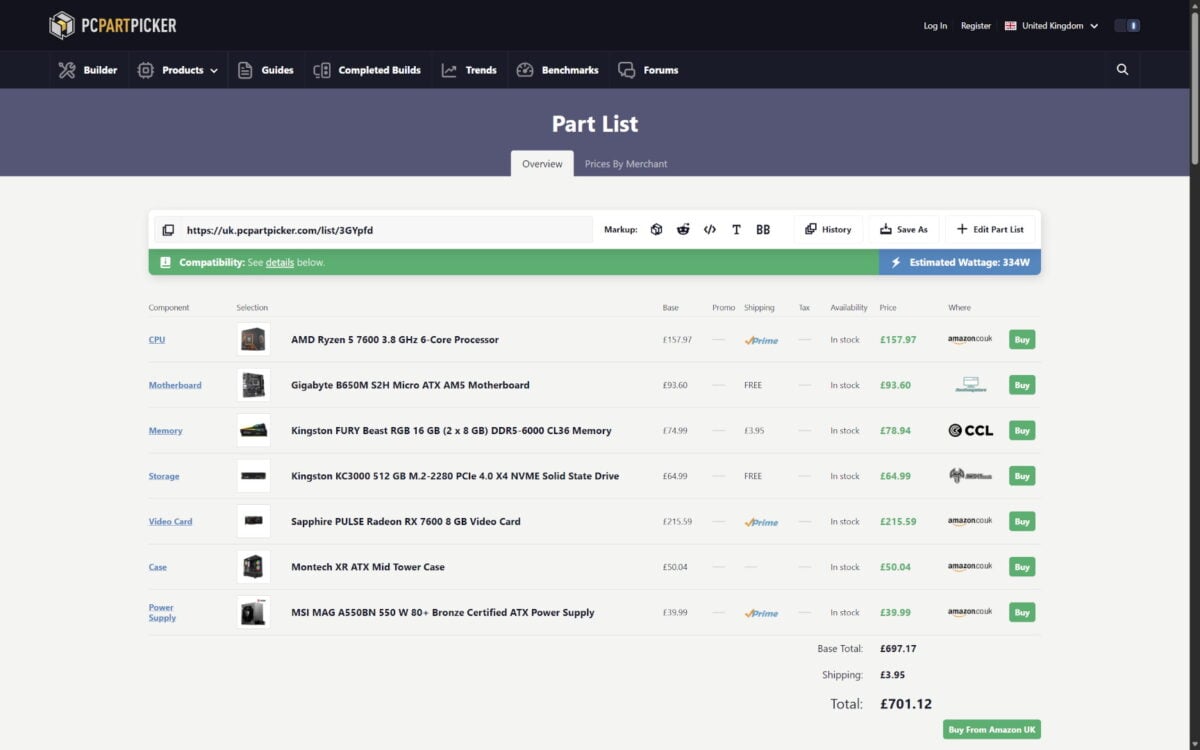 A list of hardware on PC Part Picker UK, broadly estimating the Steam Machine.