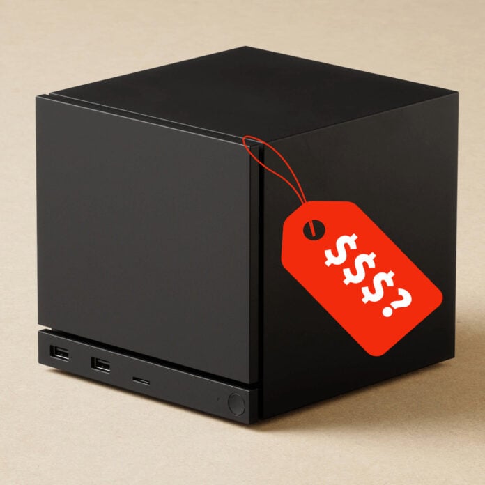 A Steam Machine with a red price tag attached to it which reads '$$$?'.