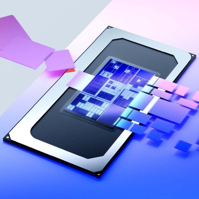 An artistic rendering of an Intel Panther Lake SoC, with pink tiles flowing and blue tiles flowing out.