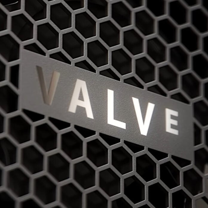 The 'Valve' logo atop the Steam Machine's ventilation cutout.
