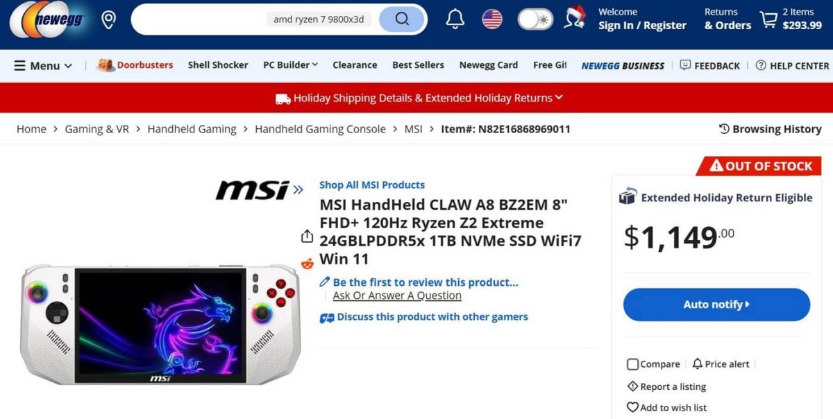 MSI Claw A8 pricing at Newegg.