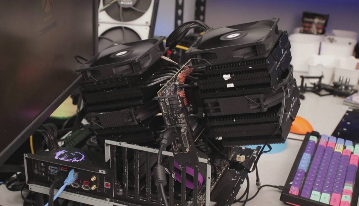 Modded RTX 2060 card with dual CPU tower coolers - installed.