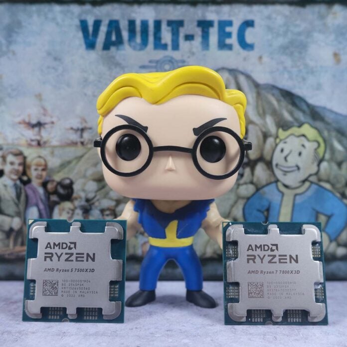 An AMD Ryzen 5 7500X3D (left) standing upright next to a Ryzen 7 7800X3D (right), in front of a Fallout-themed diorama complete with Vault Boy Funko Pop.