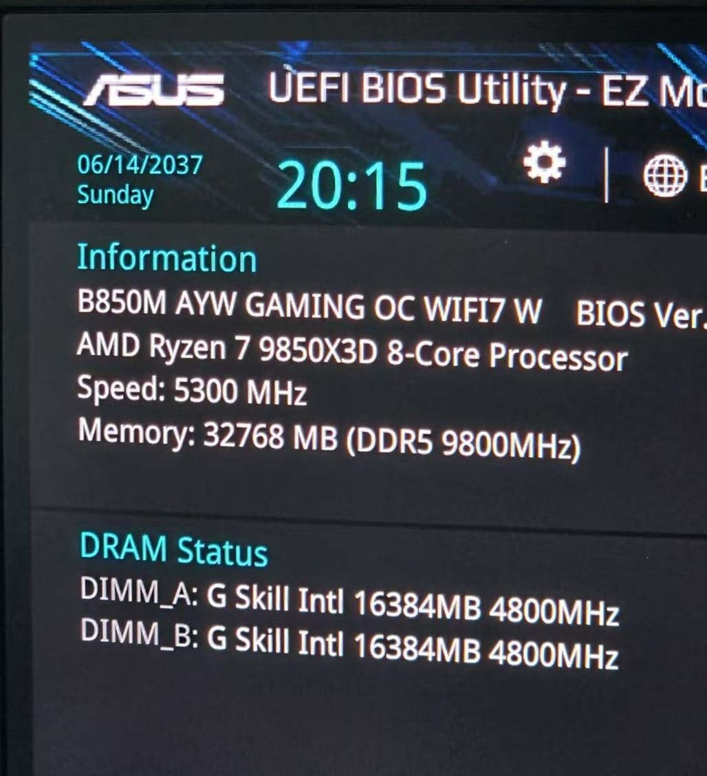 AMD Ryzen 7 9850X3D shown in Asus motherboard BIOS screenshot