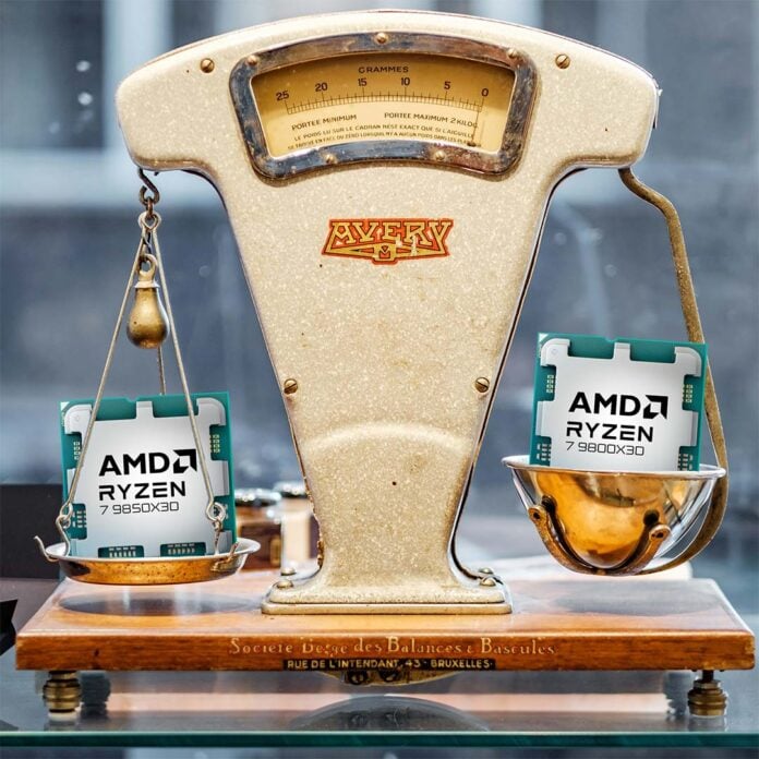 An AMD Ryzen 7 9850X3D (left) and AMD Ryzen 7 9800X3D (right) on a set of scales.
