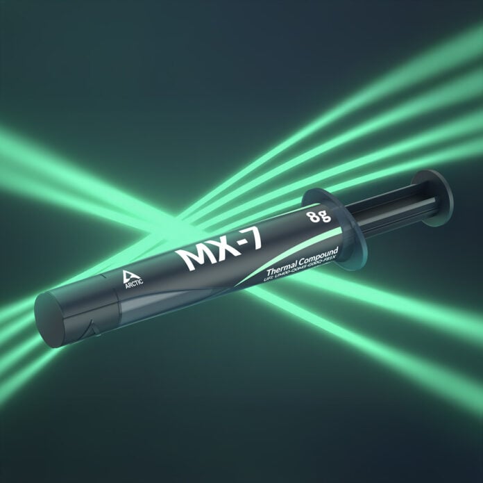 An 8g tube of Arctic MX-7 thermal pate, floating against a backdrop of light-green trails of light.